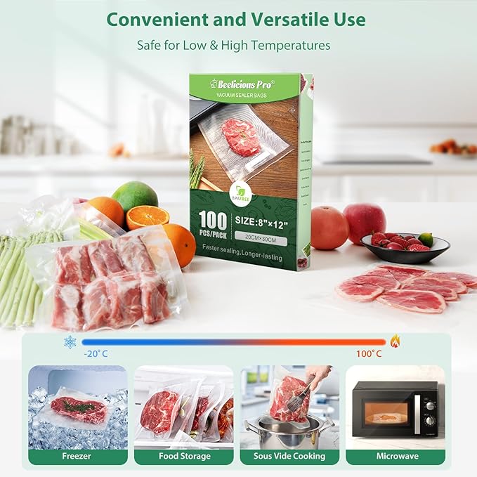 Beelicious Pro Precut Vacuum Sealer Bags for Food Storage 100 Count 8" x 12" with BPA-Free, Heavy Duty, Commercial Vacuum Seal Bags for Sous Vide & Seal a Meal
