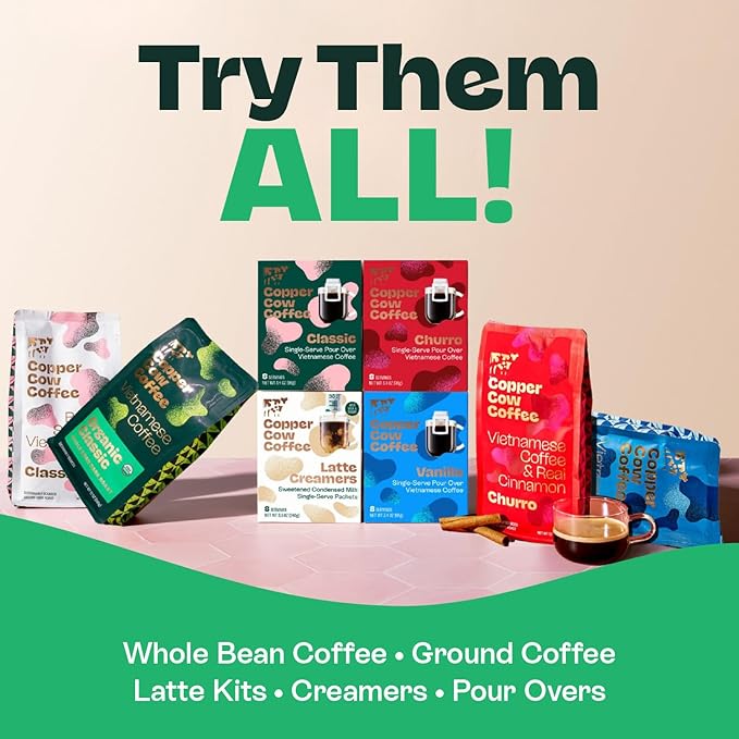 Copper Cow Coffee Premium Pour Over Single-Serve Vietnamese Coffee Pouches (8 pack) | Classic Black | Dark Roast | Convenient Vietnamese Ground Coffee Packets, Travel Friendly