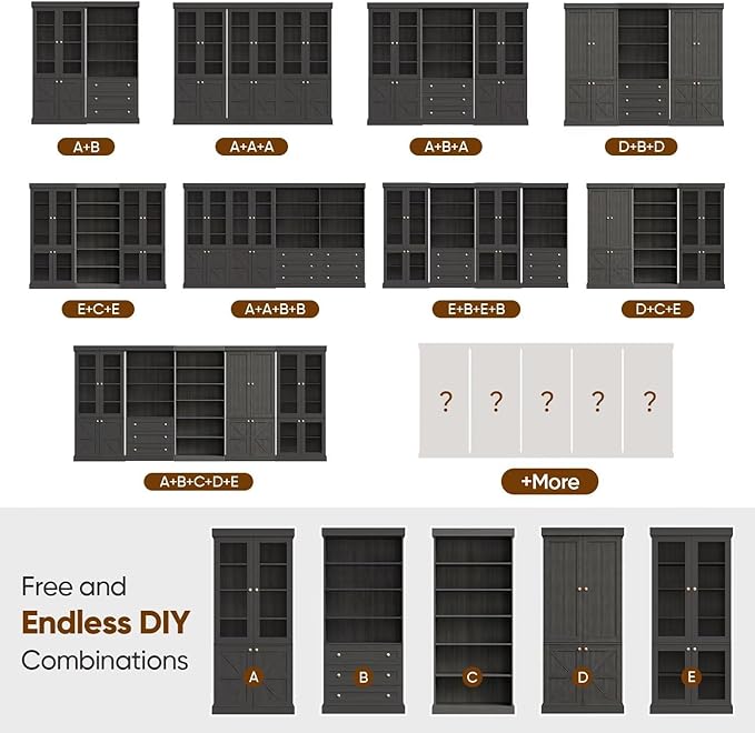 70.8" Tall Bookshelf with Doors, Farmhouse Modular Bookcase with 4-Tier Adjustable Shelves, Large Storage Cabinet for Home Office, Living Room, Black, Set of 4