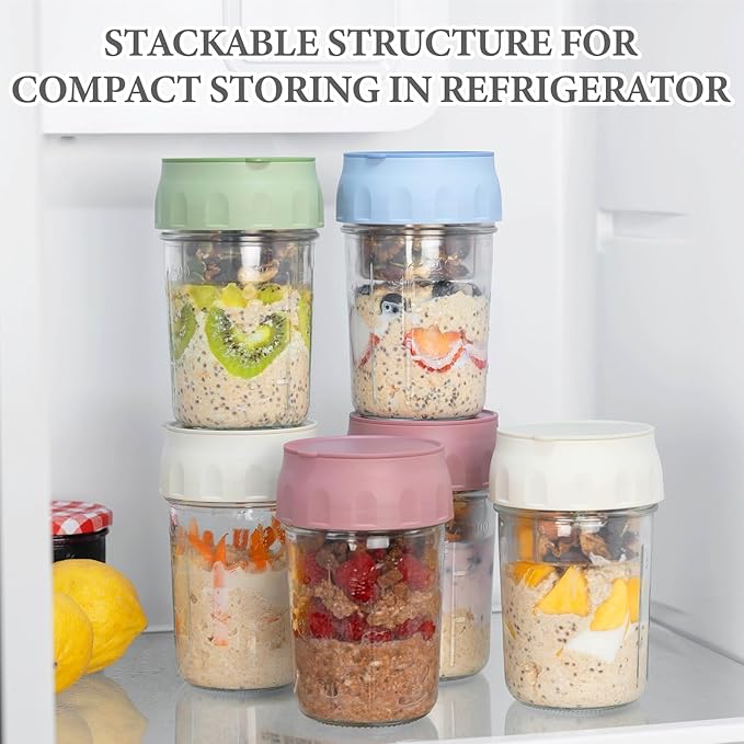 SOLIGT 4 Pack Overnight Oats Containers with Lids, Folding Spoons and Divided Compartments for Fruit & Nuts, Small Glass 16oz Mason Jars for Oatmeal (4 Set-Oat White/Green/Rose/Blue)