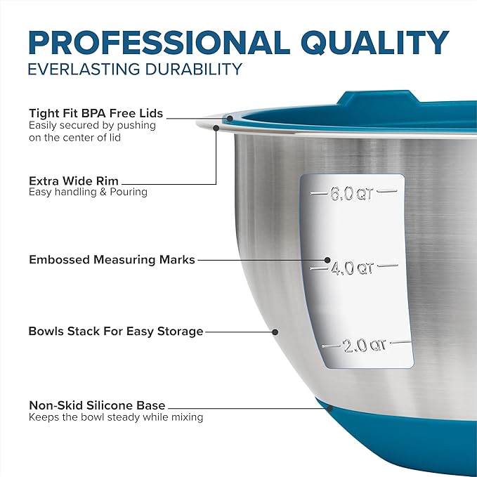 VIKING Mixing Bowls Set 10 Piece - Stainless Steel with Non-Slip Silicone Base Blue