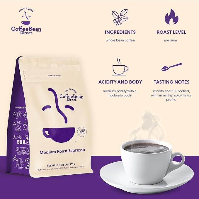 Coffee Bean Direct Medium Roast Espresso, Whole Bean Coffee, Medium Roast, 1 Pound Bag (Pack of 1)