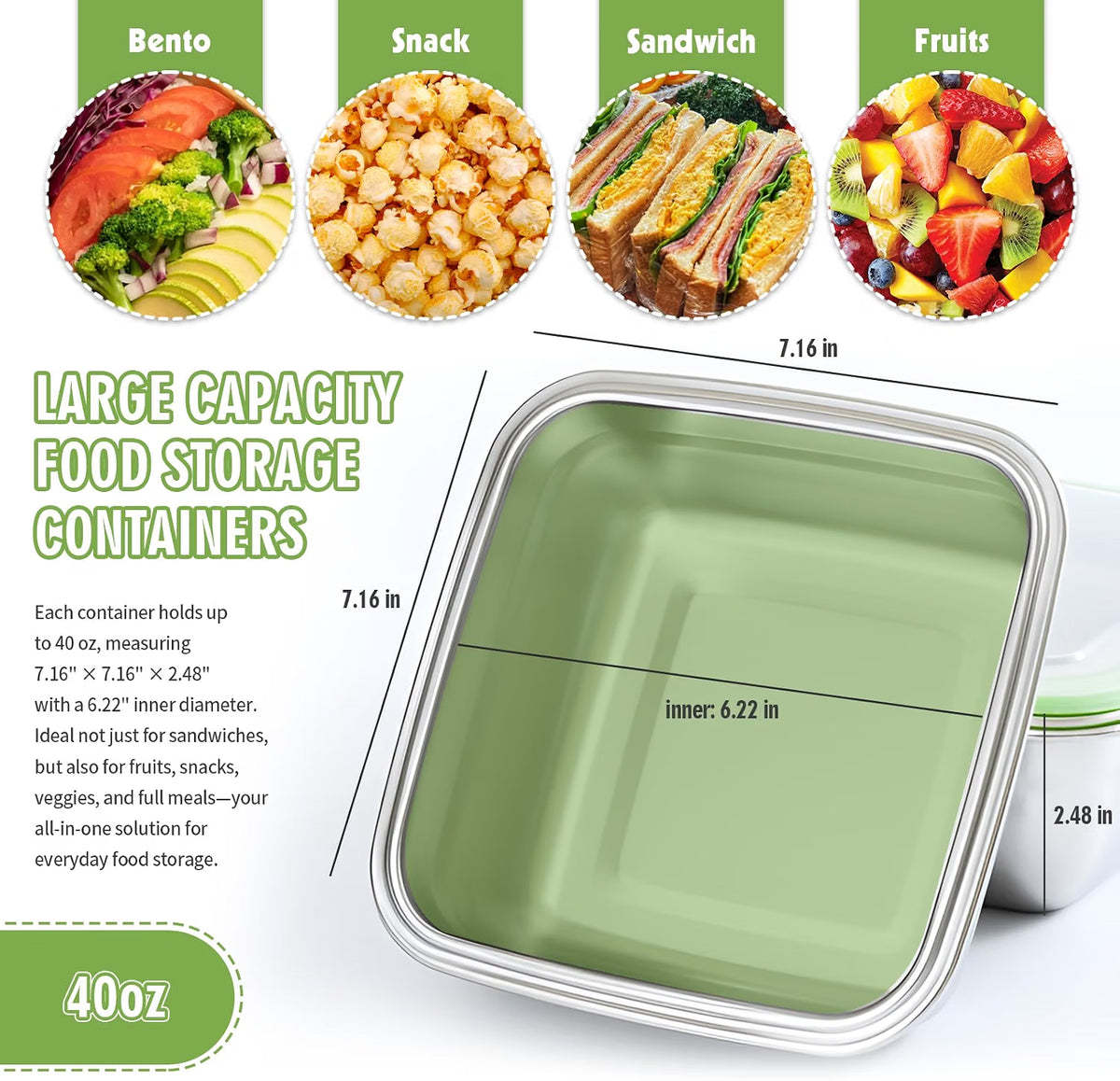CLWVPCOT 4-Pack 40oz Stainless Steel Food Containers with Airtight Lids – Green