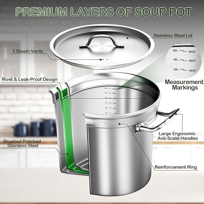 Stainless Steel Stock Pot,50 QT Large Stock Pot with Lid, Heavy Duty Tri-Ply Bottom Commercial Grade Stock Pots & Stockpots for Boiling Cooking Soup Stew Canning Cookware Sauce Cooking Pots