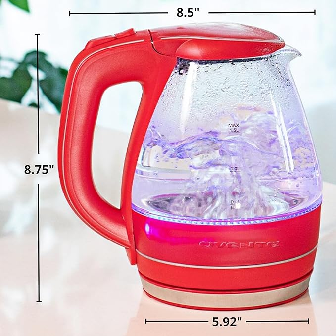 OVENTE Electric Kettle, 1.5L Borosilicate Glass Countertop Water Heater and Boiler for Coffee or Tea, BPA-Free, Auto Shut-Off, Boil-Dry Protection, Removable and Washable Spout Filter, Red KG83R