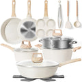 17 Pcs Pots and Pans Set Non stick，Cookware Sets White Granite Induction Cookware, Non-toxic Healthy Non Stick Kitchen Cooking Set with Frying Pans Set, Saucepans (PFAS, PFOA, PFOS Free) White