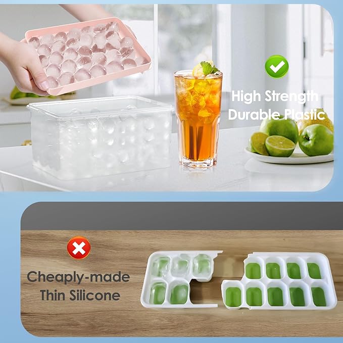 WIBIMEN Ice Cube Tray with Lid and Bin - Round Ice Trays for Freezer with Lid - Ice Cube Trays for Freezer with Ice Container (1"-2PACK Pink)