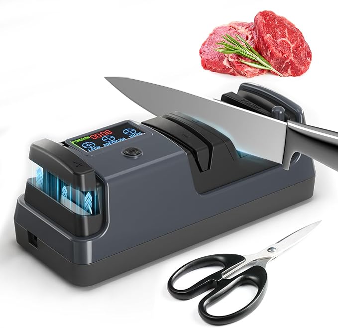 5-in-1 Electric Knife Sharpener for Kitchen Knives, with 100% Diamond Abrasives, 3 Adjustable Speeds, Quickly Sharpening for Straight/Serrated/Kitchen Knives, Scissors