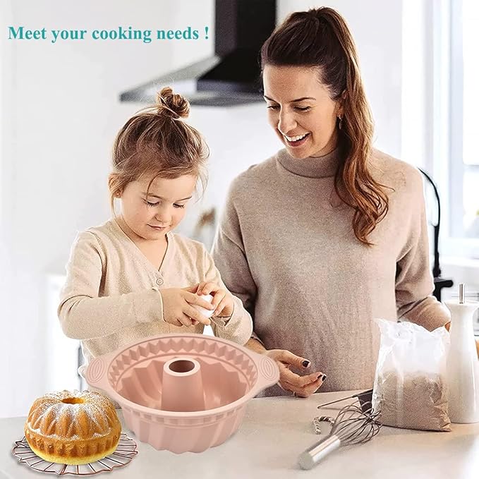 Kenond 2 PCS 9.5 Inch Silicone Cake Pans, Non-stick Fluted Cake Pan with Sturdy Handle, Cake Baking Molds, Perfect Bakeware for Cake, Jello, Gelatin, Bread, Para Gelatinas (Pink)