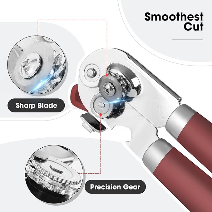 Beneno Heavy Duty Hand Can Opener Manual with Magnet, Durable Sharp Carbon Steel Blade Smooth Cutting, Big Effort-Saving Knob & Soft Grip Handle, Multifunctional Kitchen Tool with Bottle Opener, Red