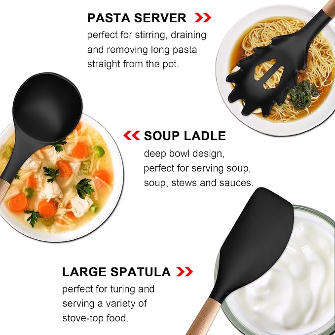 Silicone Kitchen Utensils Set of 6, Cooking Utensils Set with Heat Resistant Wooden Handle, Nonstick Silicone Spatula Spoon Turner Ladle, Cooking Kitchen Gadget for Cookware & Baking BPA FREE