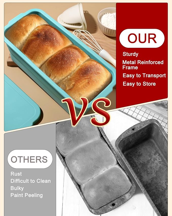 Large size foldable silicone bread loaf pan with lid,11x4.7 Inch easy to store non stick Bread Baking Pans,Sourdough Bread Pan with Baking Tool Supplies Kit for Homemade Bread, Cake