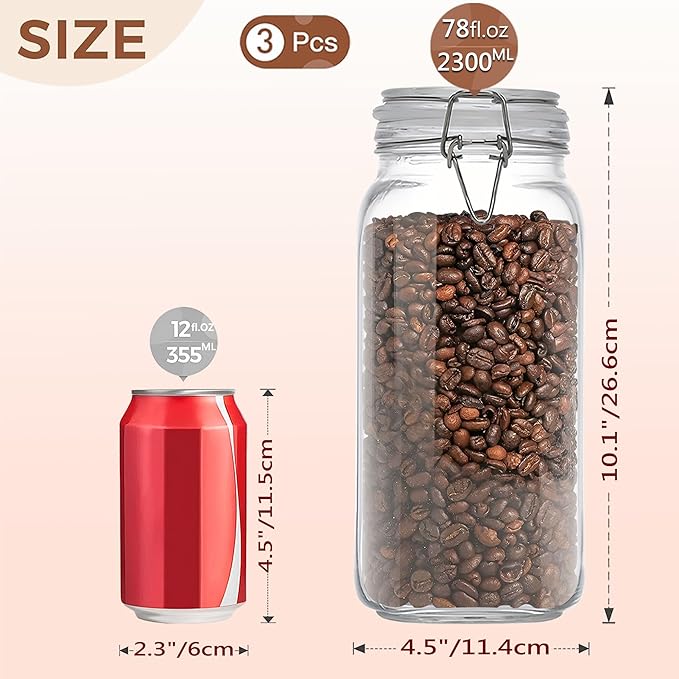 78oz Square Glass Food Storage Jars Storage Container with Clear Preserving Seal Wire Clip Fastening for Kitchen Canning Flour, Cereal, Pasta, Sugar, Beans