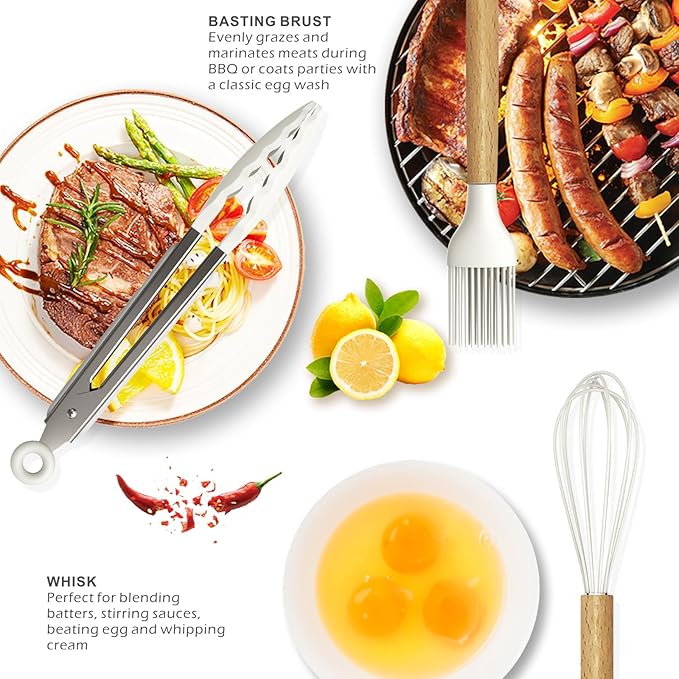 Silicone Cooking Utensils Set - 446°F Heat Resistant Silicone Kitchen Utensils for Cooking,Kitchen Utensil Spatula Set w Wooden Handles and Holder for Non-Stick Cookware (Cream White)