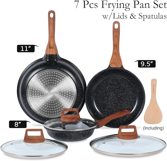 ESLITE LIFE Nonstick Ceramic Frying Pans Skillets Set with Lids, Non-Toxic Egg Omelette Kitchen Cooking Pans Compatible with All Stovetops (Gas, Electric & Induction), PTFE & PFOA Free (Black)