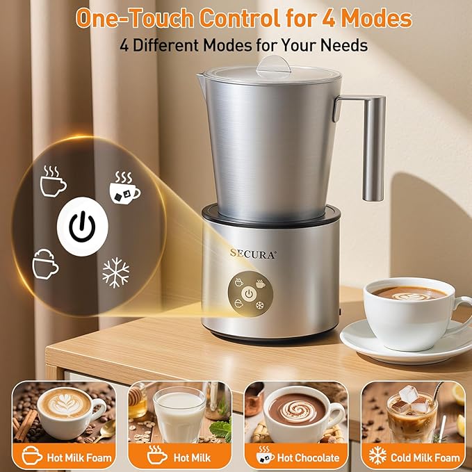 Secura 4-in-1 Automatic Milk Frother, 17oz Teflon-Free Stainless Steel Jug, Hot/Cold Foam Maker & Milk Warmer for Latte, Cappuccino, Macchiato, Hot Chocolate, Includes Silicone Spatula & 2 Whisks