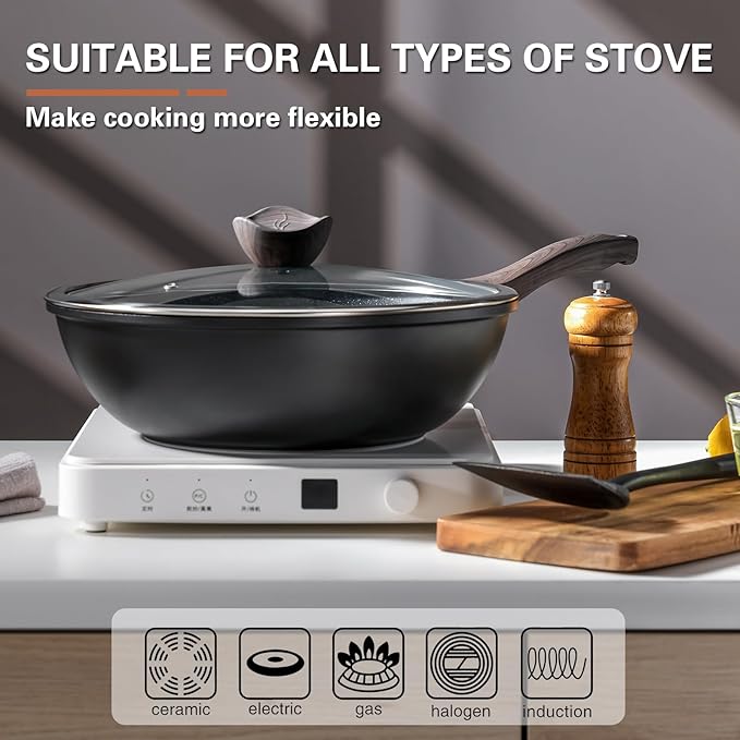 Kordisen Nonstick Wok with Lid, 12 Inch Woks & Stir-fry Pans, Granite Stone Coating for Cooking, Induction Cookware, Compatible with All Stovetops, PFOA Free
