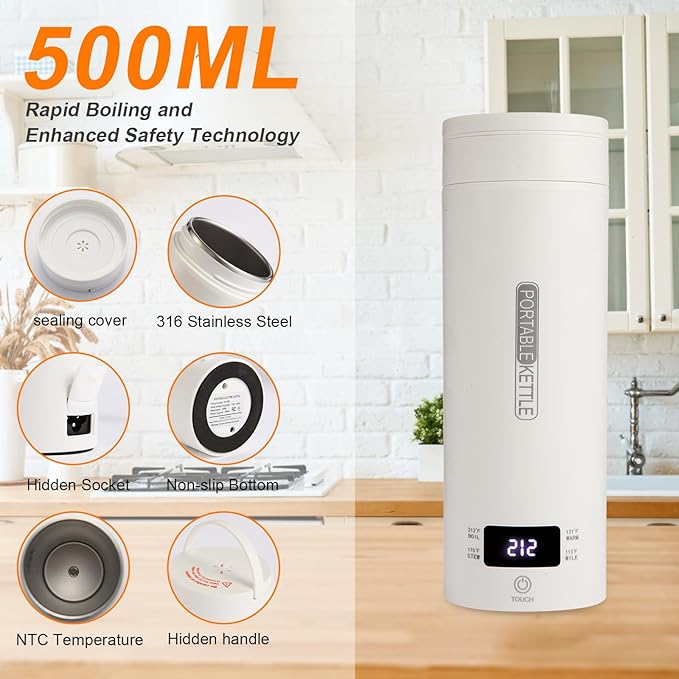 Travel Tea Kettle（110V）, Portable Electric Kettle, 316 Stainless Steel Premium Liner, 4-speed Temperature Adjustment with Auto Shut-off and Boil-Off Protection,White.