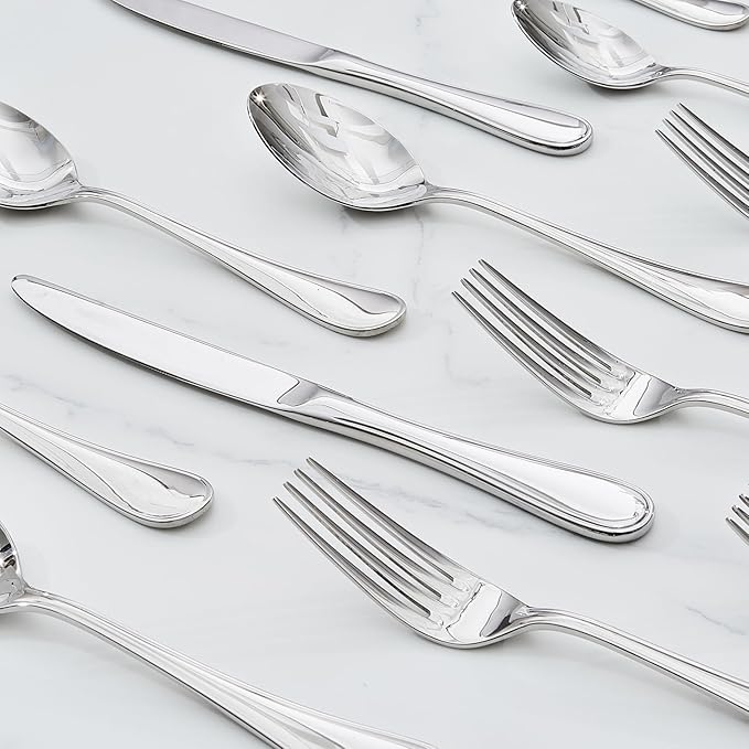 KINGSTONE 48 Piece Teardrop Silverware Set with Steak Knives, 18/10 Stainless Steel Flatware Set for 8, Modern Design Cutlery Set for Home/Hotel/Wedding,Mirror Polished and Dishwasher Safe