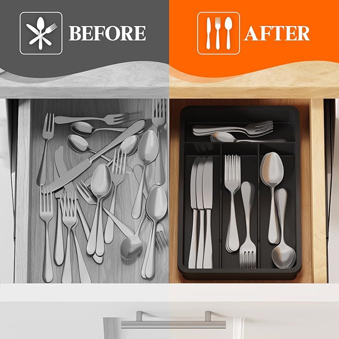 Lifewit Silverware Tray, Cutlery Drawer Organizer Storage for Kitchen, Plastic Flatware Utensil Holder Divider for Spoons Forks Knives Tableware, 4 Compartment, Black