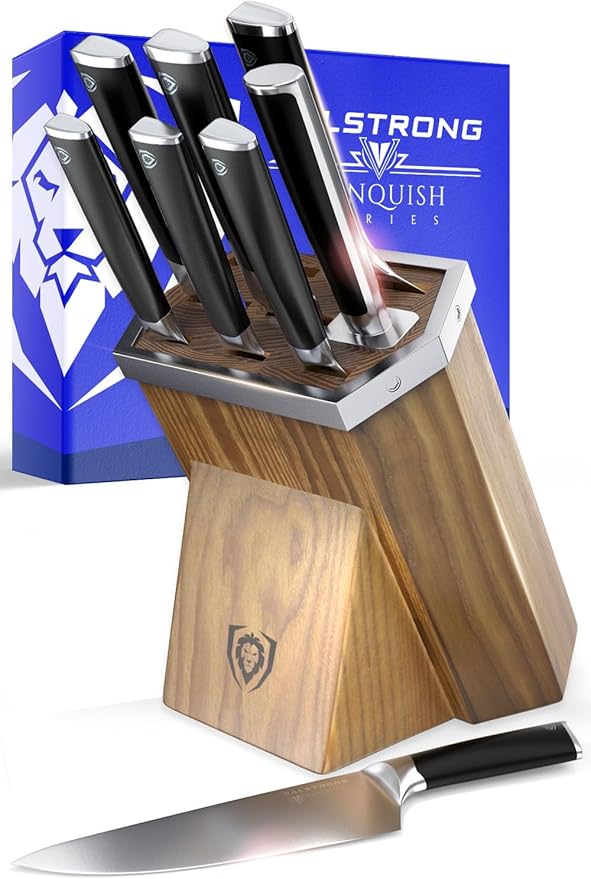 Dalstrong Knife Block Set-8pc-Vanquish Series-Forged High Carbon German Steel-Kitchen Knife Set-Premium Wood Block-Black POM Handle-NSF Certified-Men's Valetines Gift