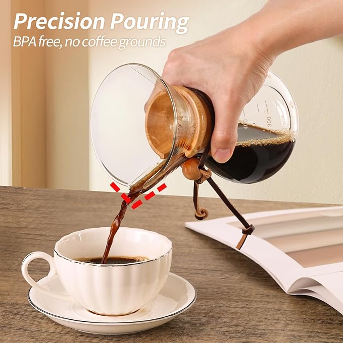 Pour Over Coffee Maker 14 OZ, 4 Cup Borosilicate Glass Drip Coffee Maker with Reusable Stainless Steel Filter and Cork Grip for Home Café 400 ML