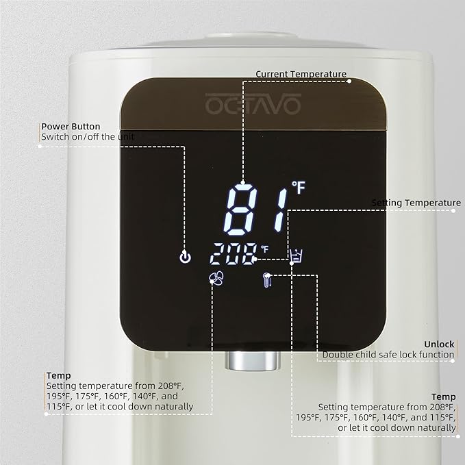 OCTAVO Water Boiler & Warmer 5 Liter, 304 Stainless Steel Water Tank, 700 Watt 6 Adjustable Water Temperature, LCD Touch Control Screen, Child Lock with Water Shortage Indicator
