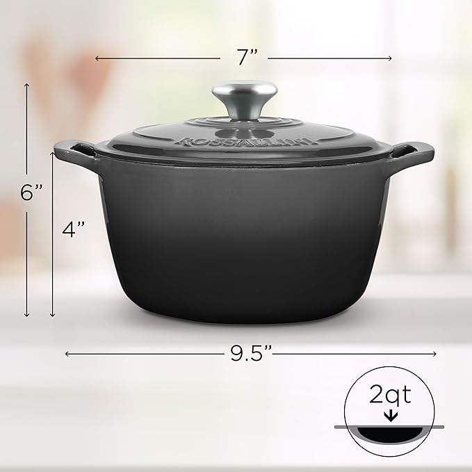 Signature Enameled Cast Iron Dutch Oven, Non-Stick Serving Pot with Tight Fitting Lid for Perfect Roasting, Baking, Sauteing, and Bread Making | 2Q (1.9L) - Oyster Grey