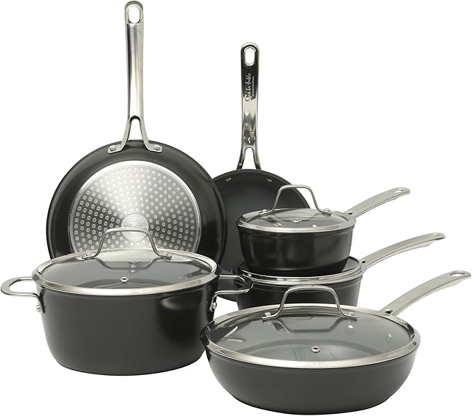 Sur La Table Kitchen Essentials Cool Commune Hard Anodized 10 Piece PFA Free Ceramic Non stick Interior Forged Durable Aluminum Pots and Pans Cookware Set - Black - Induction Compatible