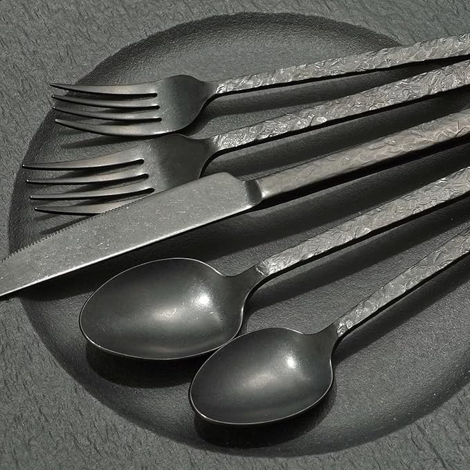 KINGSTONE 20 Pcs Black Hammered Silverware Set for 4, 18/10 Stainless Steel Heavy Duty Flatware Set, Tableware Cutlery Utensil Sets for Home Restaurant Dishwasher Safe