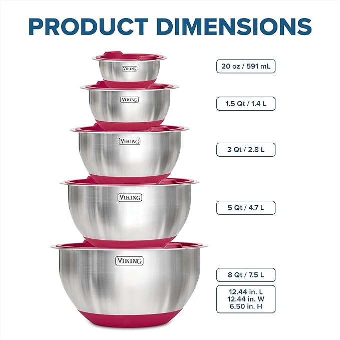 VIKING Mixing Bowls Set 10 Piece - Stainless Steel with Non-Slip Silicone Base Red