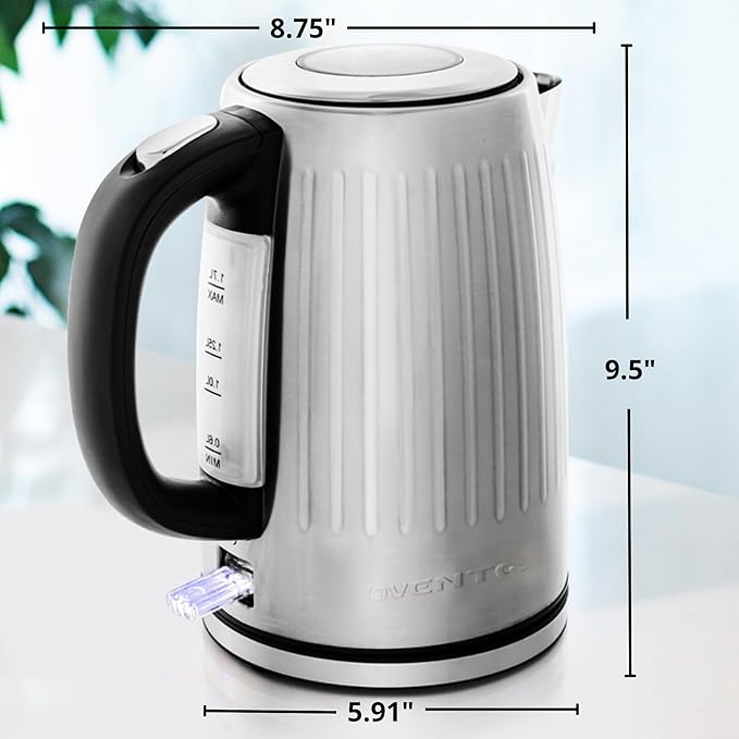 OVENTE Electric Kettle, 1.7L Stainless Steel Fast Boiling Water Heater with 1750W Power, BPA Free & Cordless Body, Auto Shut-Off, Boil-Dry Protection, Indicator Light & Removable Filter, Silver KS711S
