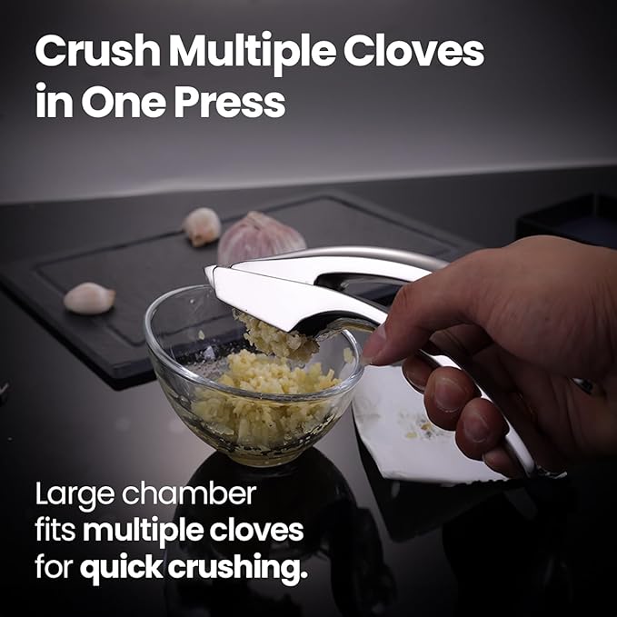 No Peeling Required Garlic Press Stainless Steel with Two Detachable Handles for Coarse&Fine Mincing-Premium Garlic Mincer Tool, Easy to Clean, Dishwasher Safe Garlic Crusher with Lifetime Replacement