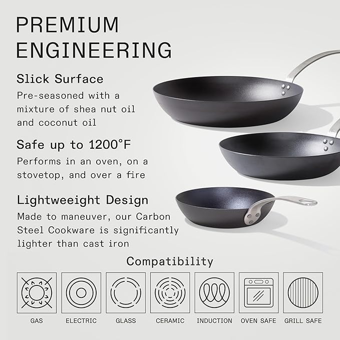 Made In Cookware - 3 Piece (Includes 8",10",12") Seasoned Blue Carbon Steel Frying Pan - (Like Cast Iron, but Better) - Professional Cookware - Crafted in Sweden - Induction Compatible