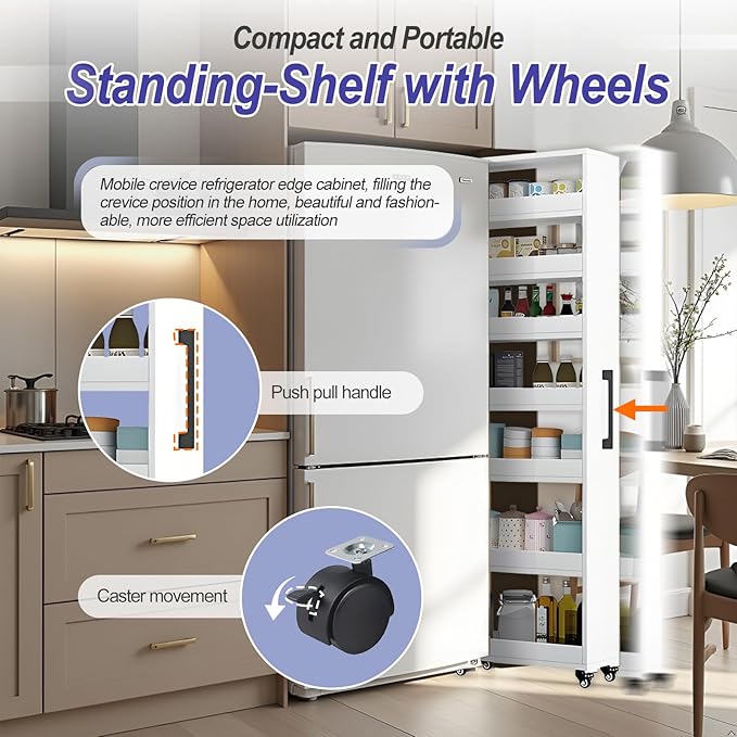 7-Tier Slim Storage Cart, Wooden Rolling Pantry Cabinet with Wheels, Narrow Shelf Organizer for Kitchen, Bakers Rack, Dining Room, Closet, Small Spaces Light Walnut 47.2" H*5.9" W*16.9" D