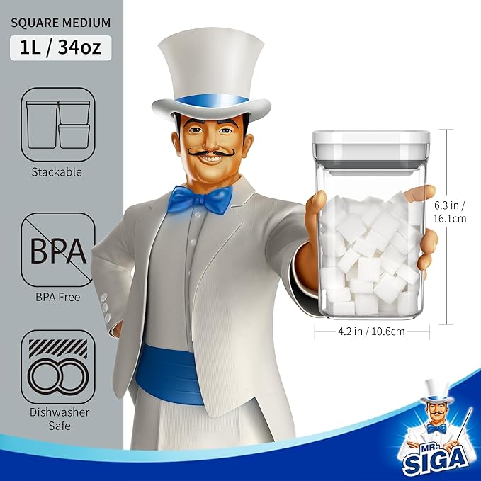 MR.SIGA 4 Pack Airtight Food Storage Container Set, BPA Free Kitchen Pantry Organization Canisters with One-handed Leak Proof Lids, 1L / 33.8oz, Medium, White