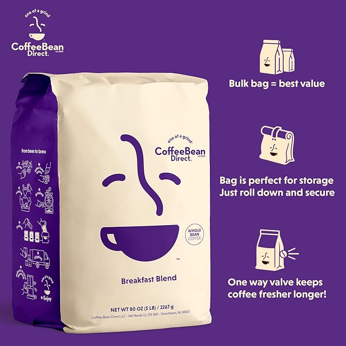 Coffee Bean Direct Breakfast Blend, Whole Bean Coffee, Mild and Mellow, Mixed Roast Level, 5 Pound Bag (Pack of 1)