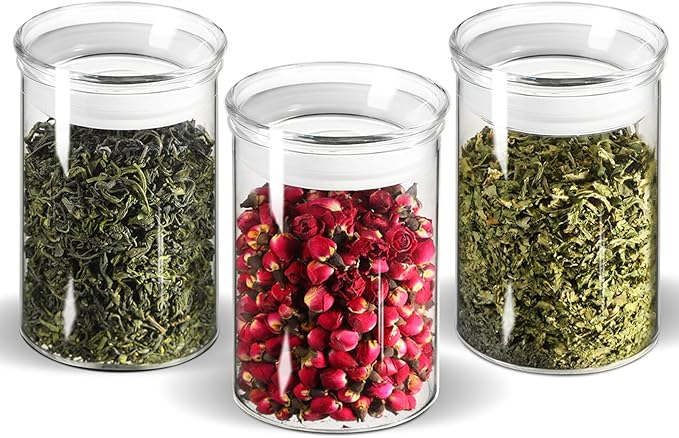 ZENS 15oz Glass Food Storage Jars Set of 3, Clear Glass Canisters with Airtight Lids, Small Container Spice Jars for Kitchen Herbs, Sugar, Blooming Tea, Candy