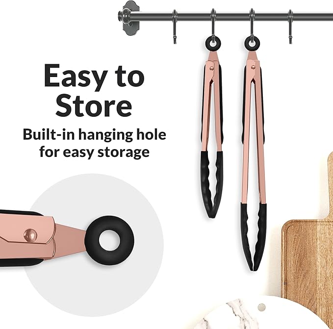 Zulay Stainless Steel Kitchen Tongs with Silicone Tips - Set of 2 (9” & 12”) Locking Cooking Tongs with Non-Slip Grip - Heat Resistant, BBQ Food Tongs for Non-Stick Cooking Pans (Rose Gold/Black)