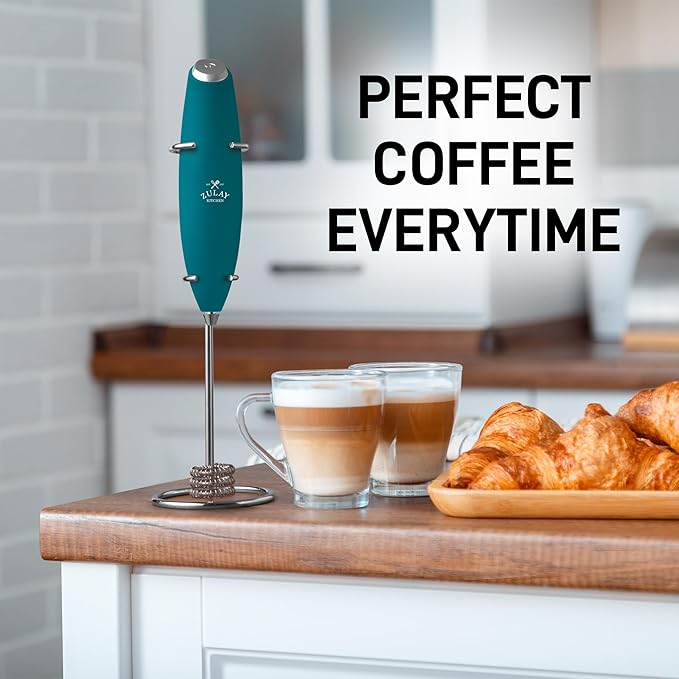 Zulay Kitchen Tornado Whisk Milk Frother with 4 AA Duracell Batteries - Triple Whisk for More Power - Handheld Coffee Frother with Stand - Drink Mixer for Lattes, Matcha & Protein Shakes