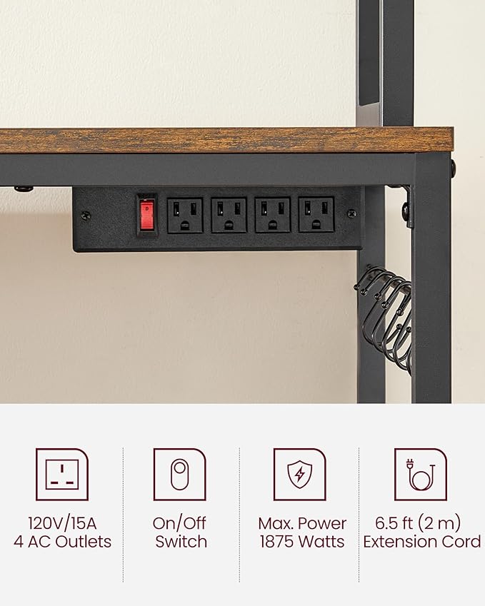VASAGLE Hutch Bakers Rack with Power Outlet, 14 Hooks Microwave Stand, Adjustable Coffee Bar with Metal Wire Panel, Kitchen Storage Shelf, 15.7 x 39.4 x 66.9 Inches, Rustic Brown and Black UKKS038B01