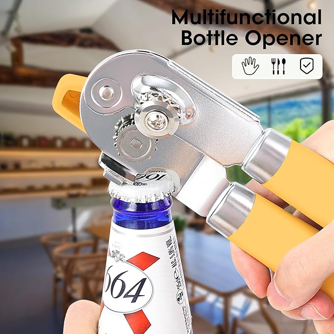 Beneno Heavy Duty Hand Can Opener Manual with Magnet, Durable Sharp Carbon Steel Blade Smooth Cutting, Big Effort-Saving Knob, Soft Grip Handle, Multifunctional Kitchen Tool with Bottle Opener, Yellow