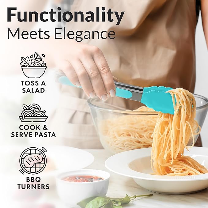 Zulay Stainless Steel Kitchen Tongs with Silicone Tips - Set of 2 (9” & 12”) Locking Cooking Tongs with Non-Slip Grip - Heat Resistant, BBQ Food Tongs for Non-Stick Cooking Pans (Silver/Aqua Sky)