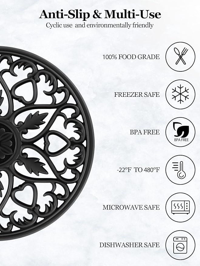 SMARTAKE 6 Set Silicone Trivet Mats, Multi-Use Intricately Carved Coasters, Insulated Non-Slip Durable Kitchen Mats, Flexible Modern Kitchen Table Mat, for Hot Dishes, Pots, Countertop (Black)
