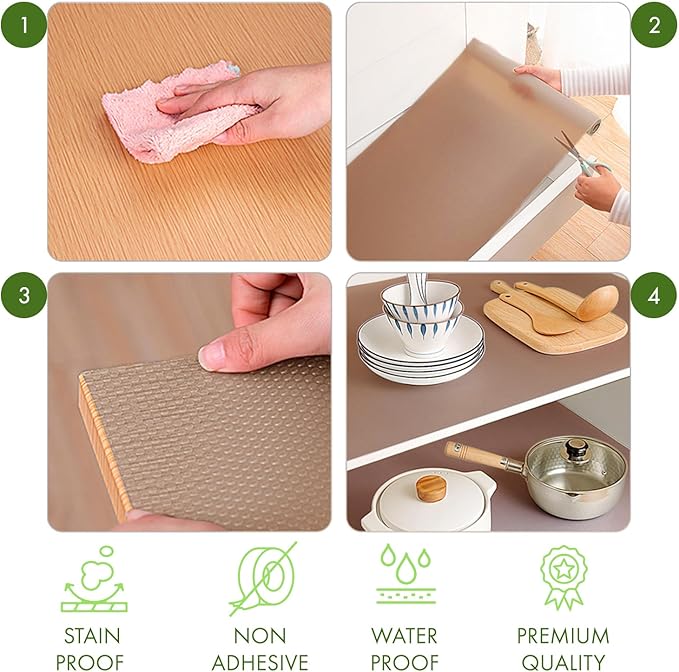 EVALAND 12" x 33 FT Non-Slip Shelf Liner, Non-Adhesive, BPA-Free, Waterproof Pantry Liner for Shelves, Easy to Cut, Oil-Proof Shelf Liners for Kitchen, Cabinets, Drawers, Refrigerator, Beige