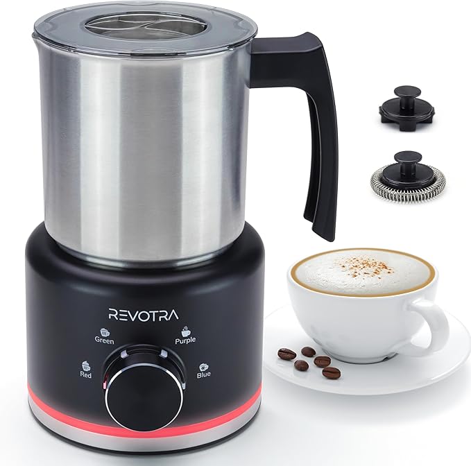 Milk Frother and Steamer, 500ml 4-in-1 Electric Foam Maker with Dial Control & LED Indicator, Hot & Cold Milk Frother, Non-Stick Stainless Steel, Silent, Easy to Clean, for Coffee, Latte, Cappuccino