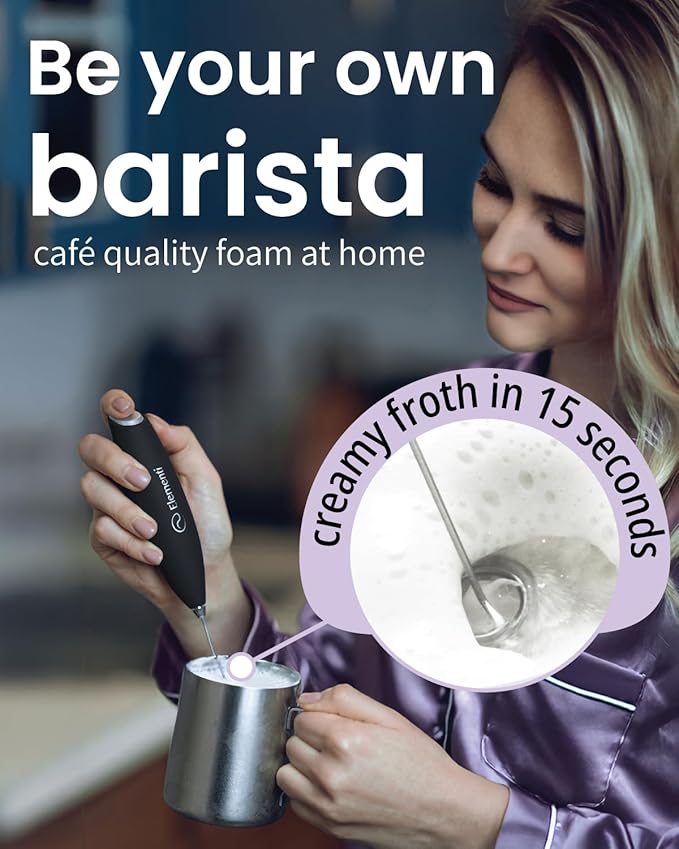 Elementi Milk Frother Wand & Drink Mixer with Stand - Turbo Milk & Coffee Frother Handheld - Hand Held Coffee Mixer Wand & Cold Foam Maker for Frothy Cappuccinos, Lattes & Drink Mixes at Home (Black)