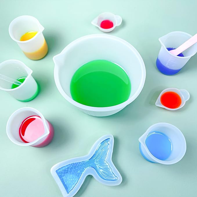 Silicone Measuring Cups Kit for Resin, Epoxy Supplies Set with 600ml, 250ml & 100ml Silicone Cups, Reusable Resin Supplies Cups with Silicone Mat, Stir Sticks, Mixing Cups for Molds Arts, Crafts