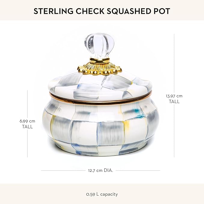MACKENZIE-CHILDS Enamel Squashed Pot, Cute Enameled Container with Lid, 20 Ounces, Gray-and-White Sterling Check