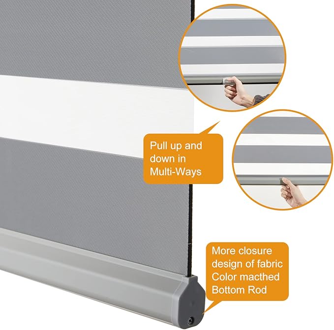 Persilux Cordless Zebra Blinds for Windows (33" W X72 H, Grey) Free-Stop Roller Windows Shades Dual Layer Light Control for Day and Night, Light Filtering Sheer Shades for Home, Easy to Install
